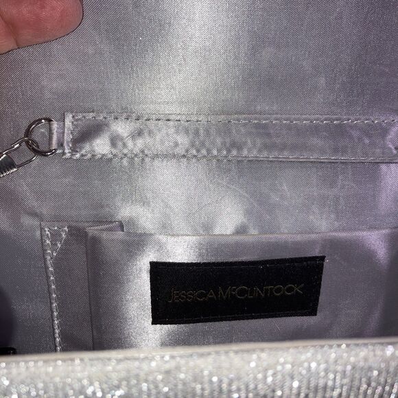 Jessica McClintock Silver Rhinestone Evening Clutch Bag Chain Shoulder Strap - Picture 2 of 4